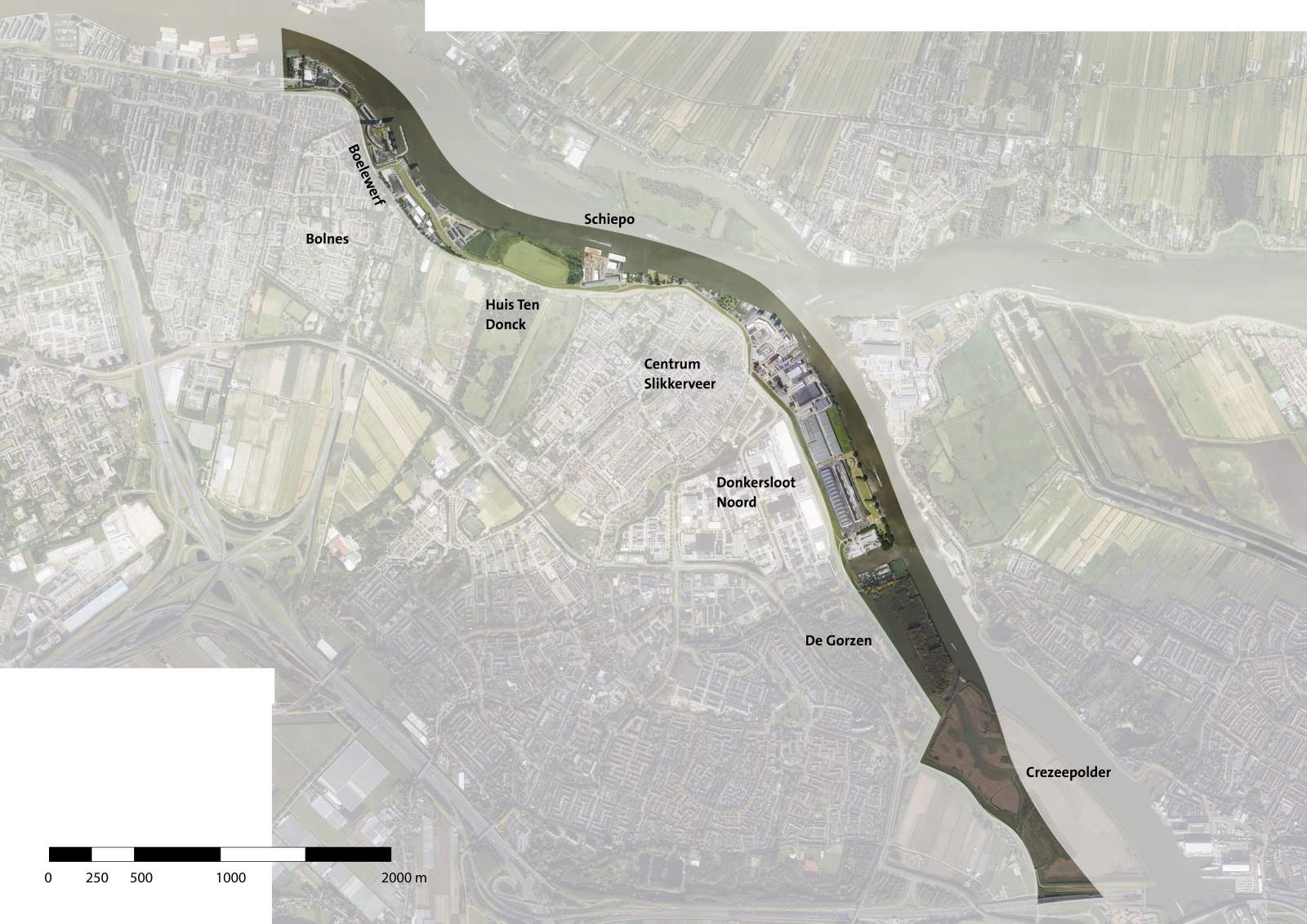 De afbeelding weergeeft het plangebied. Aan de noordzijde loopt de grens van het plangebied over de Boelwerf. Richting het zuiden ligt de grens op de Ringdijk overgaand in de Benedenrijweg. De grens loopt pver de Benedenrijweg langs het Donckse bos en gaat bij Slikkerveer weer over in de Ringdijk. Ter hoogte van de Sionskerk (Donkersloot-Noord) loopt de plangrens verder zuidelijk over de Donkerslootdijk. Bij de Jachthaven St. Joris Riudderkerk loopt de plangrens richting het zuiden verder over de oostgrens van het bos de Gorzen. Verder naar het zuiden ligt de grens over de Nieuwe Veer richting het oosten overgaand in de Oostmolendijk, doorlopend tot aan de A15, zodat de gehele Crezéepolder binnen het plangebied valt.